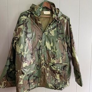 Vintage Duck Bay Mens Camo Hooded Rain Jacket L PVC Waterproof Quilted Woodland